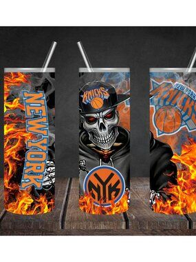 New York Knicks Skull Flame 20oz Skinny Tumbler | Knicks Fan Gift | Basketball T